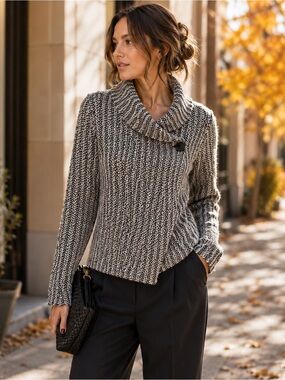 Ellen Tracy Wrap Cowl Neck Sweater Black Taupe Cream Medium